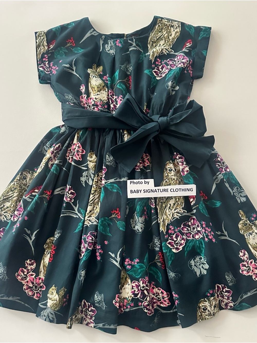 Tea Collection Girls 12 Teal Floral Forest Animals Dress Owl Rabbit Woodland